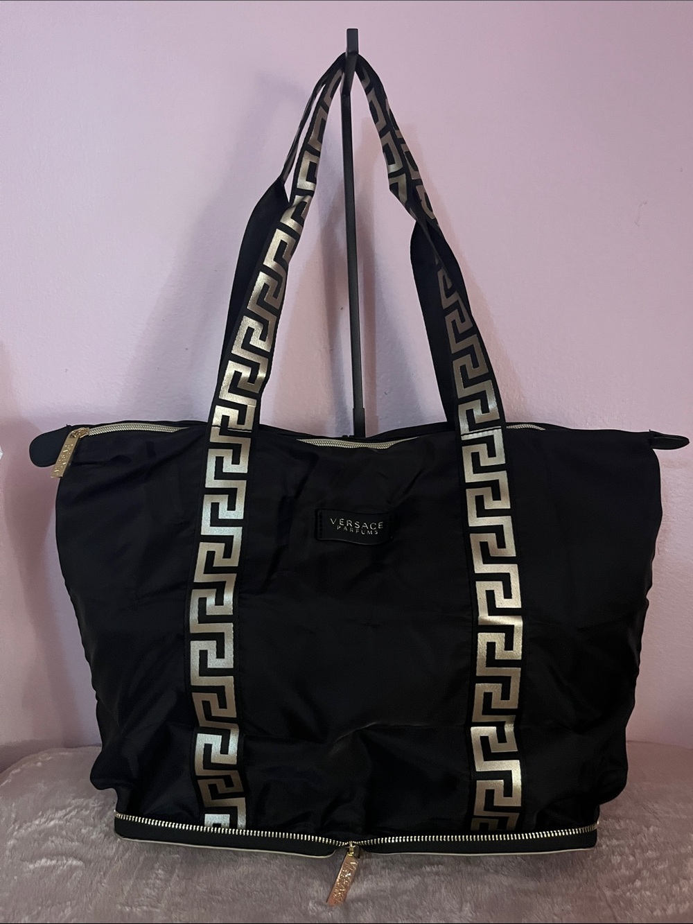 Versace Perfums Black Tote with Gold Greek Key Straps